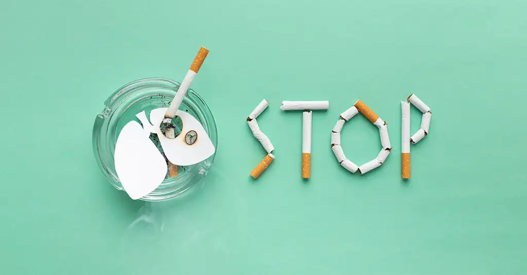 کلمه stop با سیگار تشکیل شده روی زمینه ی سبز بعنوان نماد ترک اعتیاد فوری
