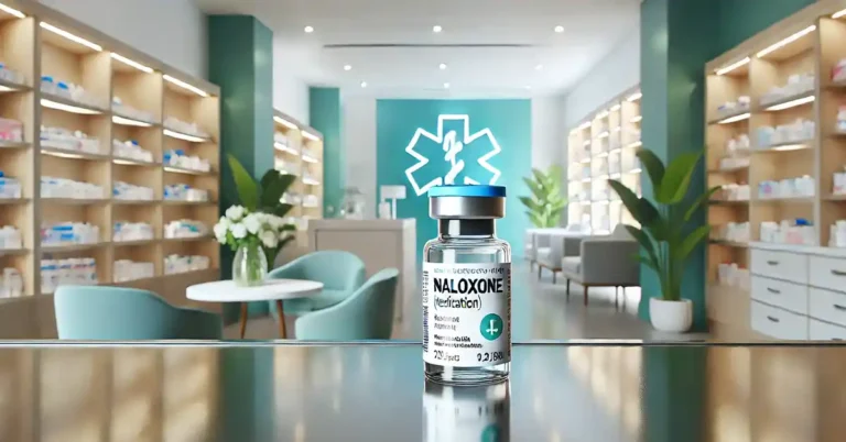 a Naloxone medication vial on a sleek counter