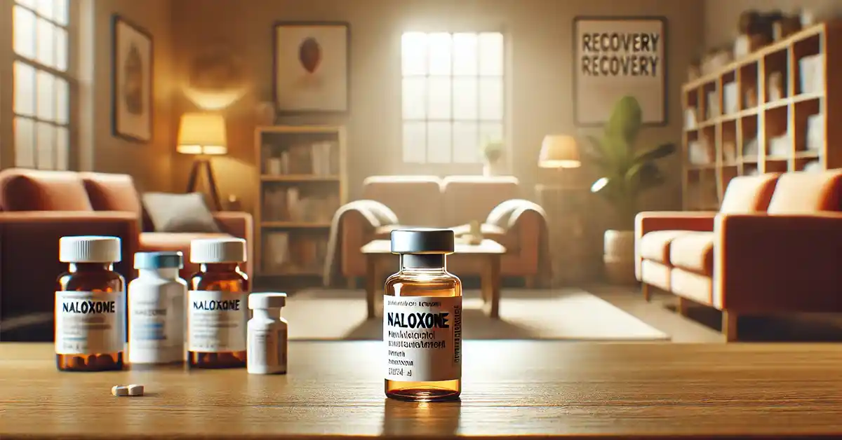 a Naloxone medication vial placed on a table alongside other medications