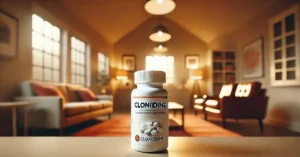 a bottle of Clonidine pills in a cozy rehab clinic setting. The bottle, labeled 'Clonidine,' sits on a clean surface