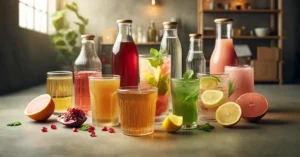 a selection of healthy beverages beneficial for addiction recovery, arranged with some drinks