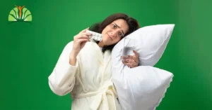 خانم با قرص و لیوان آب و بالش در دست بعنوان تصویر مقاله عوارض قرص ملاتونین